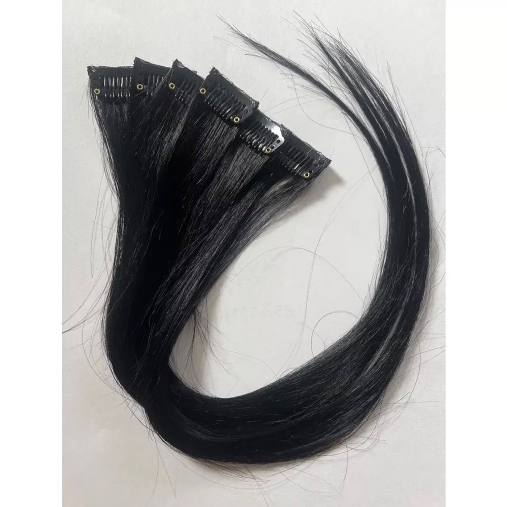 14” Black 100% Human Hair Color #1 Clip In Hair Extensions Highlights Set Of 6